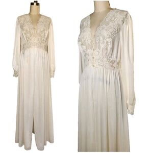 Vtg 50s 60s ShadowLine Ivory Silky Peignoir Robe Gown Balloon Sleeve Lace sz M